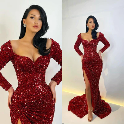 Abito da sera elegante lungo a sirena con maniche lunghe e paillettes, con spacco