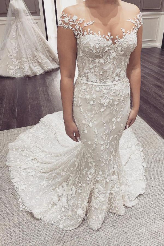 Elegantes langes Meerjungfrau-Brautkleid mit schulterfreiem Rücken und Spitzenapplikationen