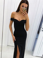 Elegant Long Mermaid Off the Shoulder Satin Formal Prom dresses with Slit