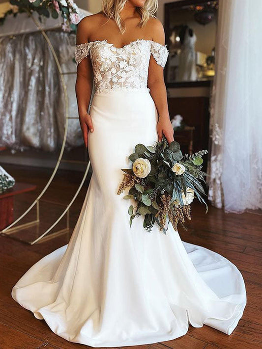 Elegante longo sereia fora do ombro cetim renda vestidos de noiva