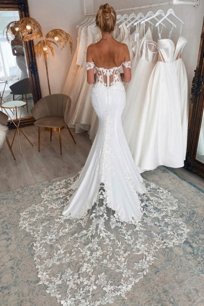 Elegantes vestidos de novia largos de sirena con hombros descubiertos y encaje