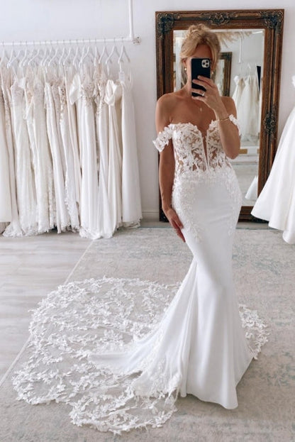 Elegantes vestidos de novia largos de sirena con hombros descubiertos y encaje