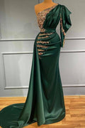 Elegant Long Mermaid One Shoulder Dark Green Prom Dress