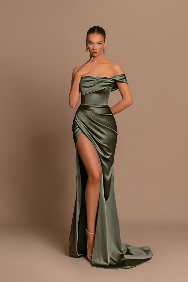 Elegant Long Mermaid One Shoulder Satin Formal Prom Dresses with Slit