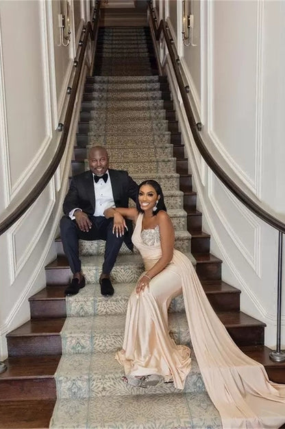 Elegant Long Mermaid One Shoulder Sequined Prom Dress With Ruffles