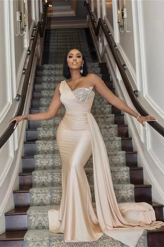 Elegant Long Mermaid One Shoulder Sequined Prom Dress With Ruffles