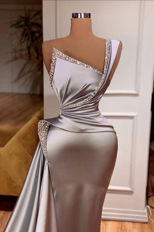 Elegante abito lungo da sera in raso a sirena, monospalla e senza maniche