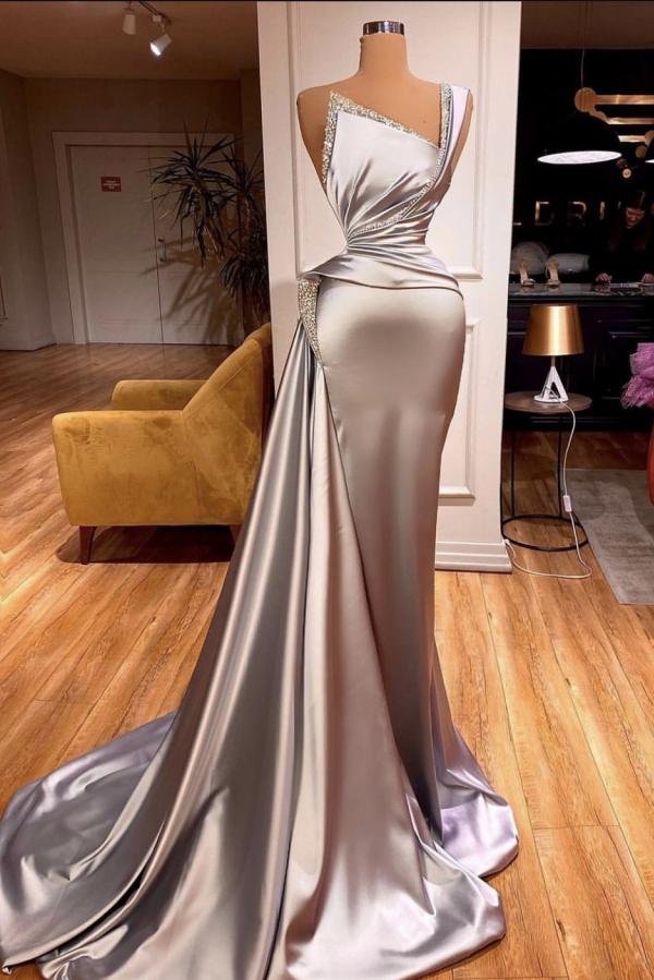 Elegante abito lungo da sera in raso a sirena, monospalla e senza maniche