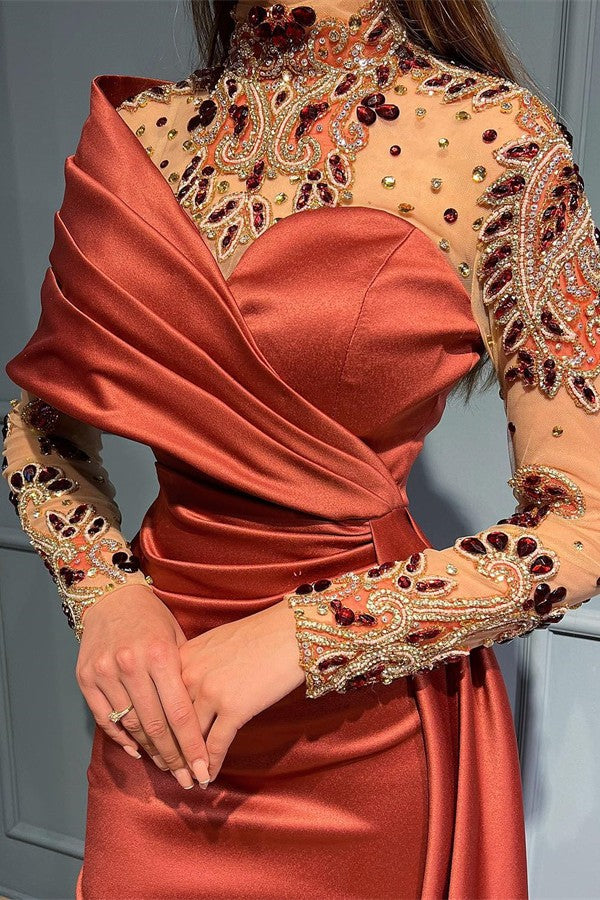 Elegant Long Mermaid Ruffles Satin Beading Tulle Prom Dress with Sleeves
