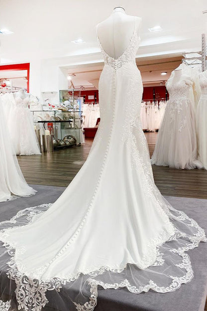 Elegant Long Mermaid Spaghetti Straps Lace Satin Open Back Wedding Dress