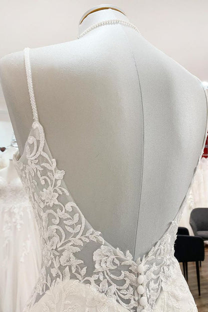Elegant Long Mermaid Spaghetti Straps Lace Satin Open Back Wedding Dress