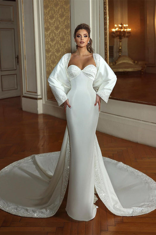 Elegantes langes Meerjungfrau-Brautkleid mit Herzausschnitt und langen Ärmeln und Perlenstickerei