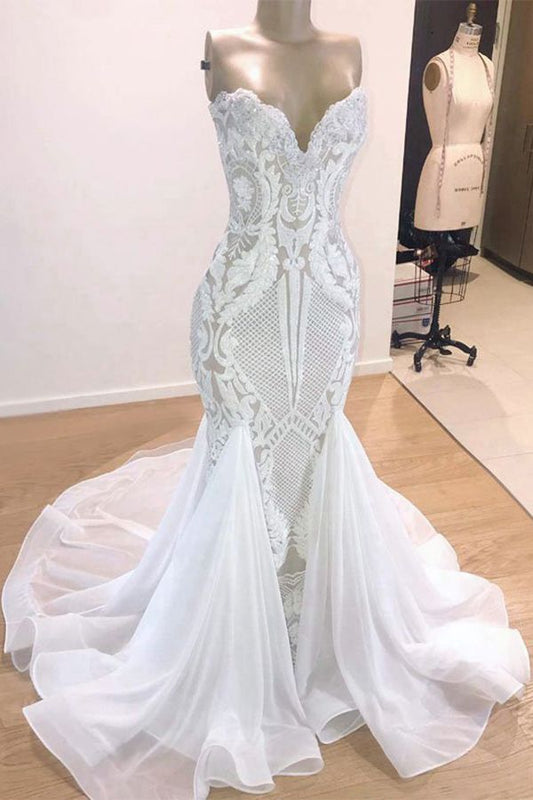 Elegante vestido de noiva longo sereia com lantejoulas e decote em coração
