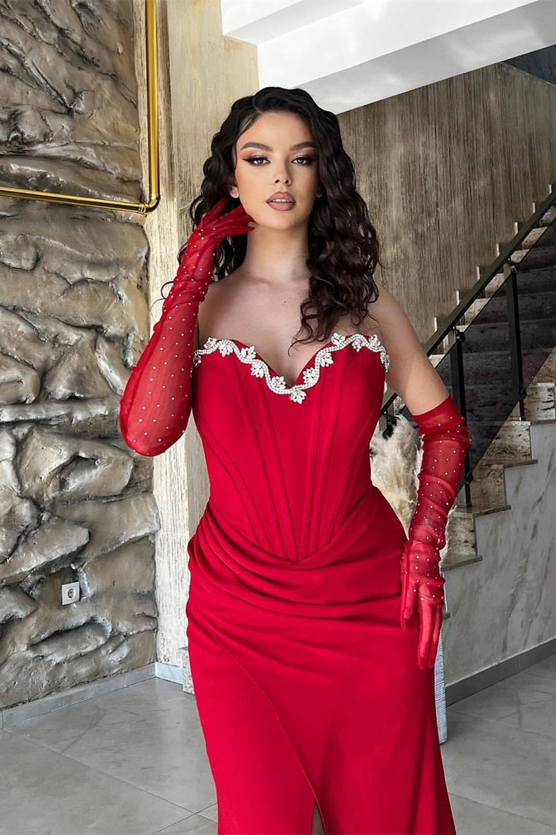 Abito da sera elegante lungo a sirena con scollo a cuore, senza maniche, fino a terra con spacco