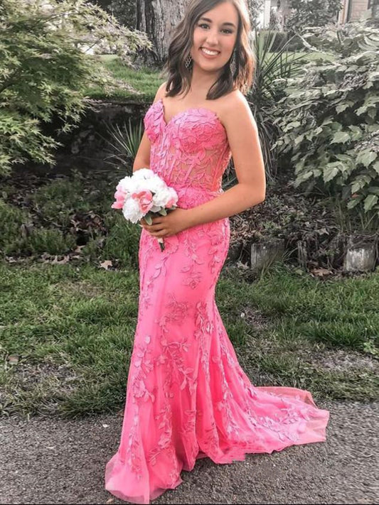 Elegant Long Mermaid Sweetheart Tulle Lace Formal Graduation Prom Dresses