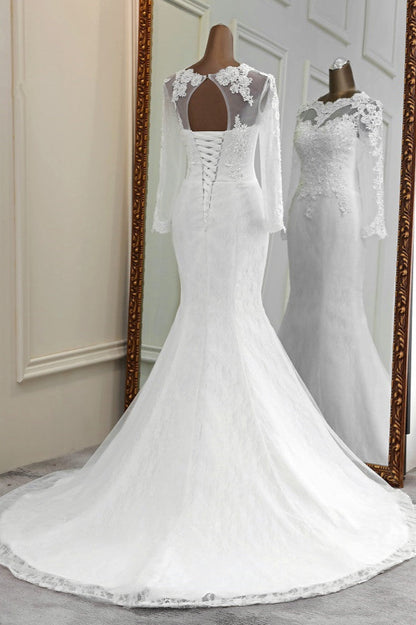 Elegantes langes Meerjungfrau-Brautkleid aus Tüll mit Juwelen und Ärmeln