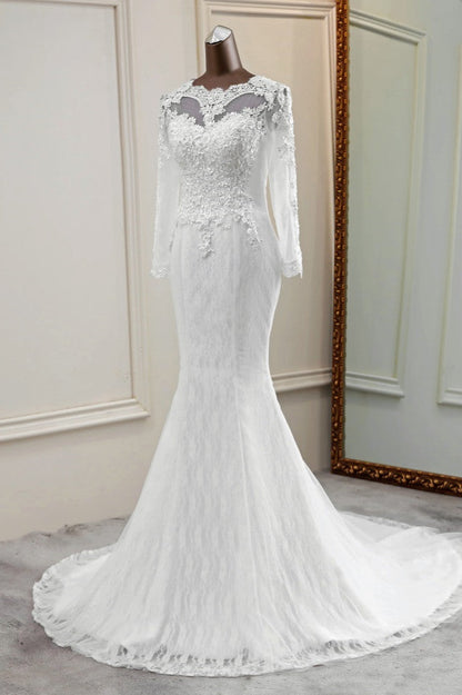 Elegantes langes Meerjungfrau-Brautkleid aus Tüll mit Juwelen und Ärmeln
