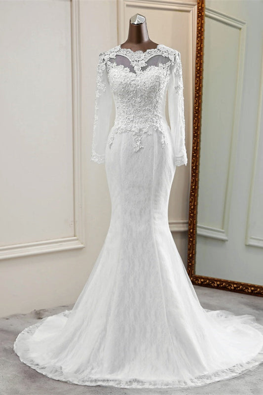 Elegantes langes Meerjungfrau-Brautkleid aus Tüll mit Juwelen und Ärmeln
