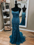 Elegante abito lungo da sera a sirena in tulle con schiena scoperta e pizzo