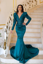 Elegante abito lungo da sera a sirena con scollo a V e perline, maniche lunghe