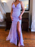 Elegante abito lungo da sera a sirena con scollo a V in pizzo e spacco
