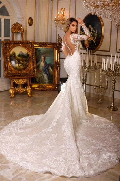 Elegante vestido de novia de encaje con escote en V y manga larga de sirena