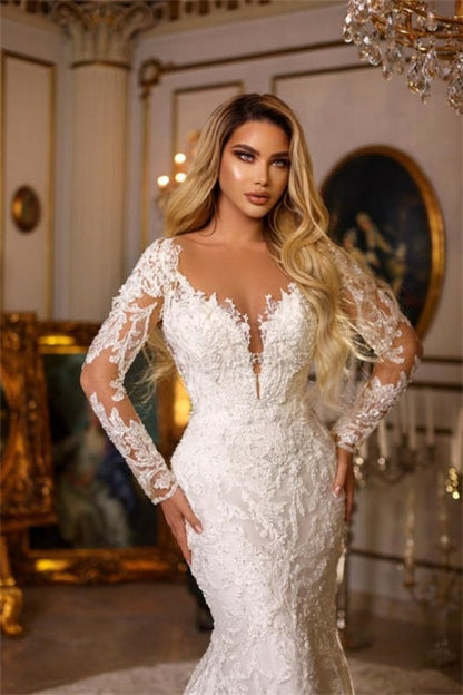 Elegante vestido de novia de encaje con escote en V y manga larga de sirena
