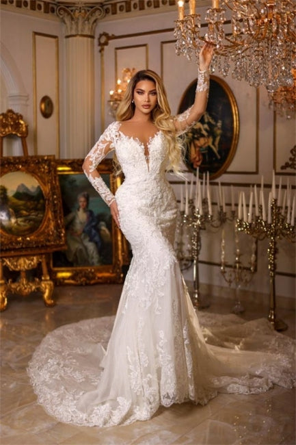 Elegante vestido de novia de encaje con escote en V y manga larga de sirena