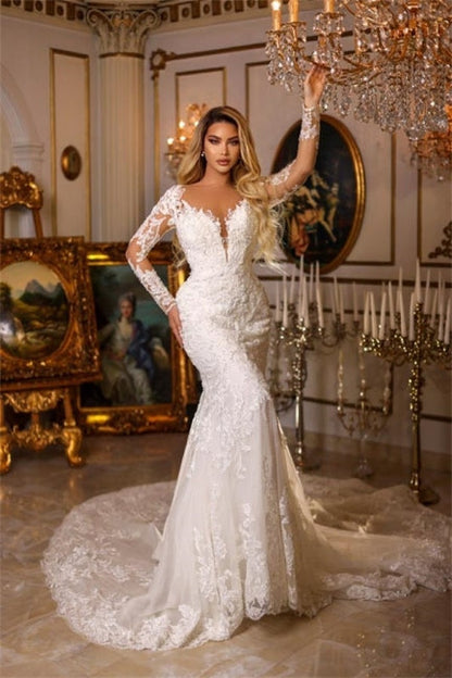 Elegante vestido de novia de encaje con escote en V y manga larga de sirena