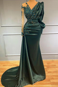 Elegant Long Mermaid V-neck Satin Dark Green Prom Dress