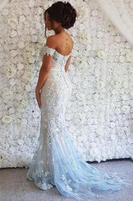 Eleganti abiti da sera lunghi a sirena con pizzo e scollo a barca con glitter