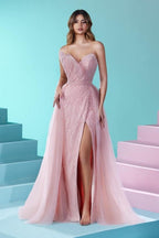 Elegante abito lungo rosa a linea ad A senza spalline in pizzo scintillante con spacco