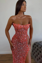 Elegante lungo rosa sexy senza spalline senza maniche abito da sera a sirena con strass