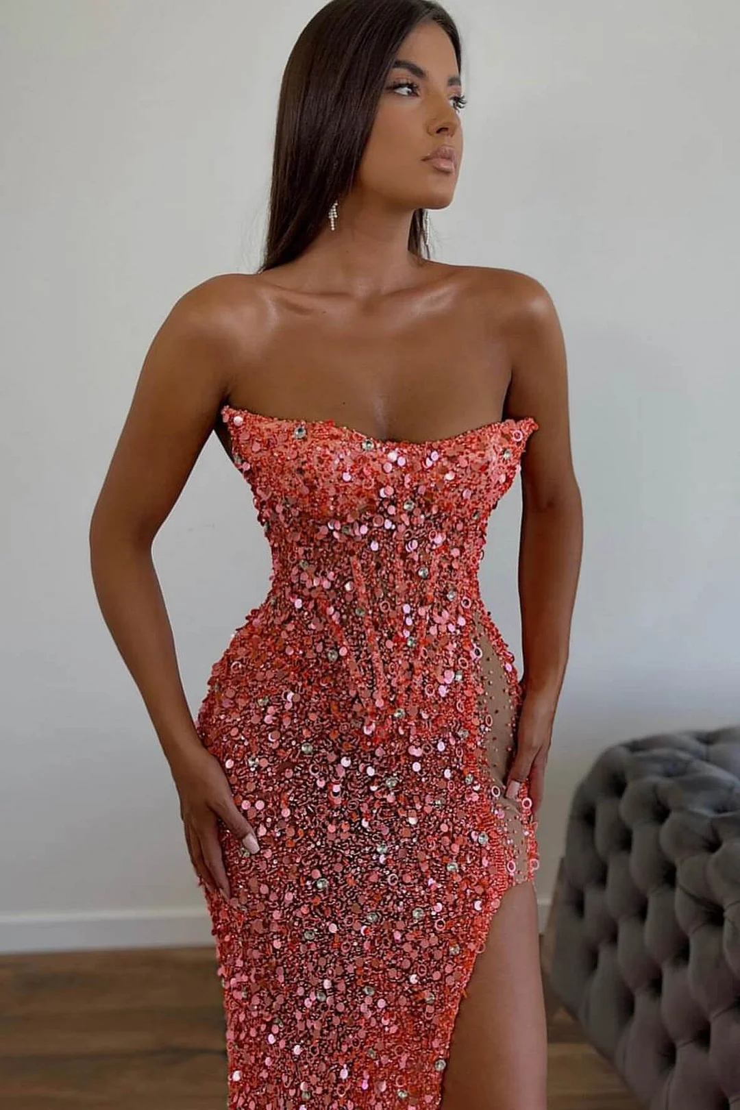 Elegante lungo rosa sexy senza spalline senza maniche abito da sera a sirena con strass