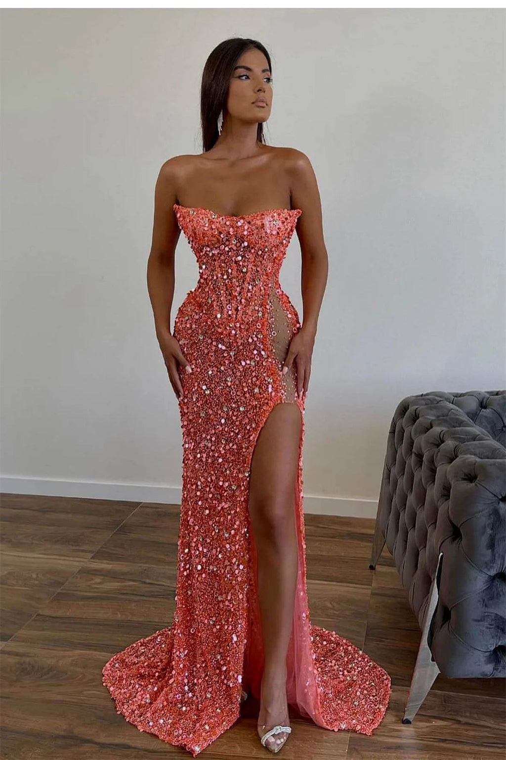 Elegante lungo rosa sexy senza spalline senza maniche abito da sera a sirena con strass