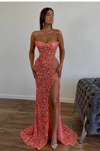 Elegante lungo rosa sexy senza spalline senza maniche abito da sera a sirena con strass