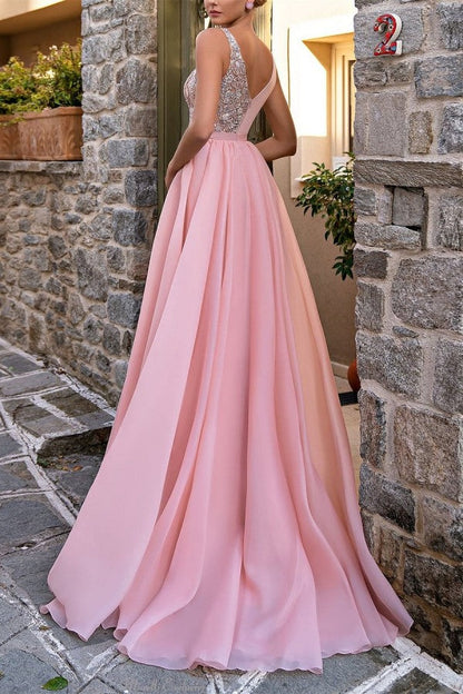 Elegantes langes rosa A-Linien-Abendkleid mit V-Ausschnitt und Glitzer