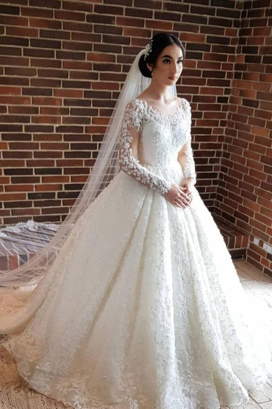 Elegante lange Prinzessin Tüll Spitze Brautkleider mit Ärmeln