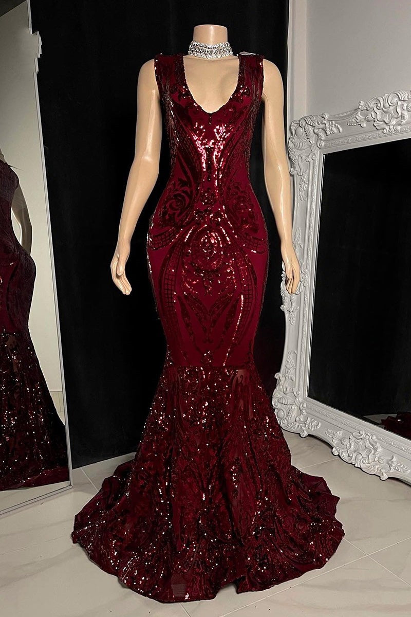 Elegante abito lungo rosso a sirena senza maniche per ballo con pizzo