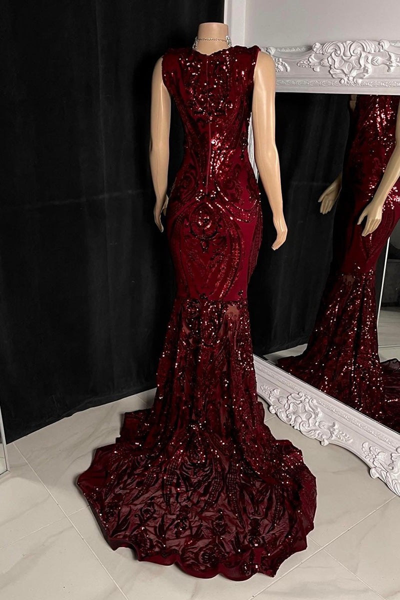 Elegante abito lungo rosso a sirena senza maniche per ballo con pizzo