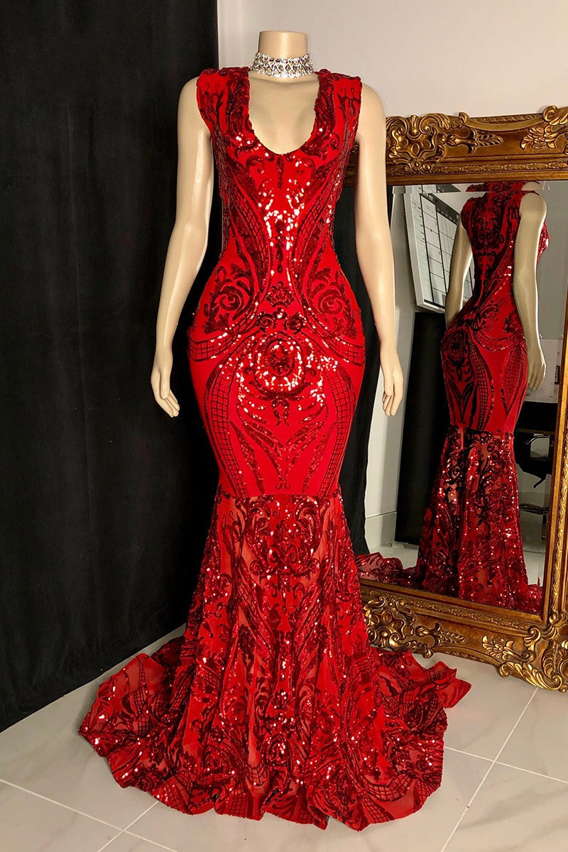 Elegante abito lungo rosso a sirena senza maniche per ballo con pizzo