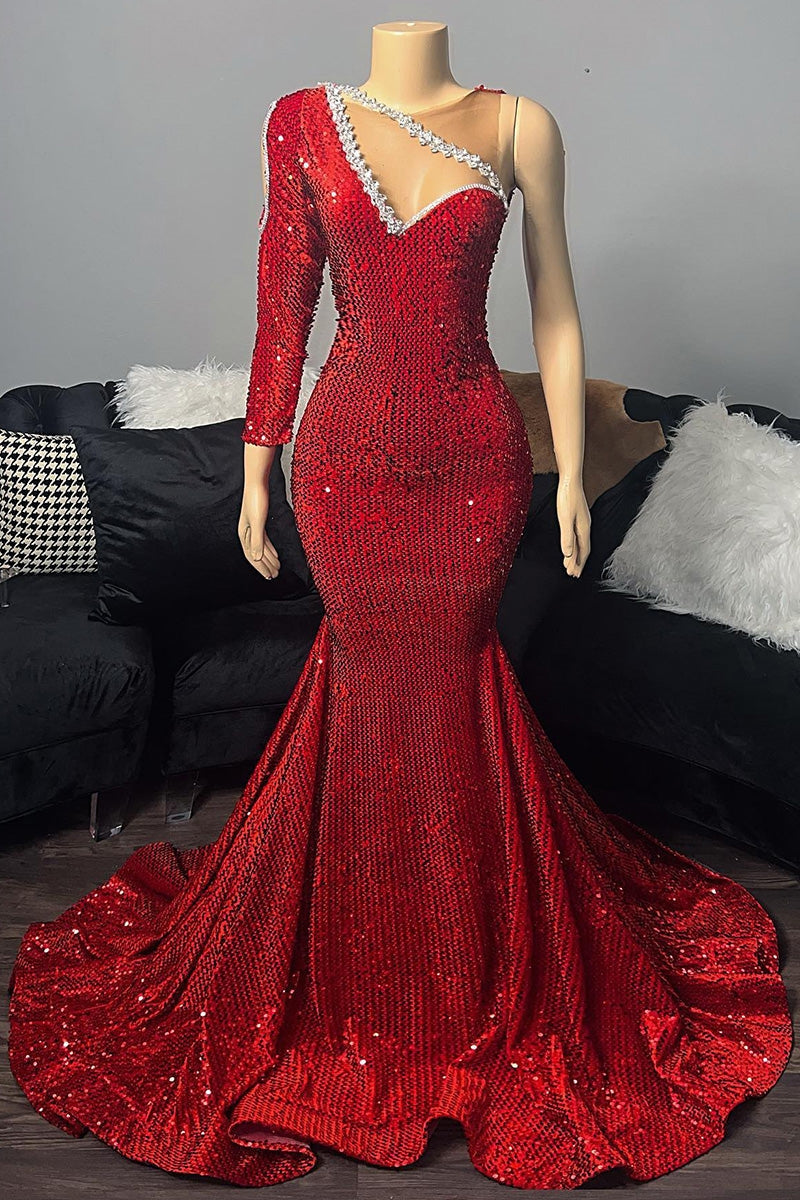 Elegante abito lungo rosso da sera con una spalla, scollo a V e paillettes, con manica lunga