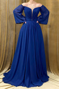 Elegante abito da sera lungo blu reale senza spalline a linea ad A con maniche lunghe