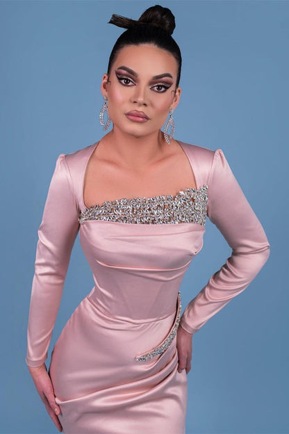 Elegant Long Satin Sleeve Pink Prom Dresses With Rhinestone