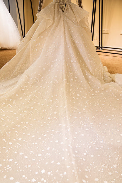Elegantes Langarm Perlenbesetztes Tüll Ballkleid Glitzerndes Brautkleid 