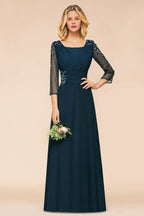 Elegant Long Sleeves Crystal A-line Bridesmaid Dress Maxi Formal Dress