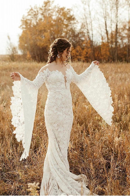 Elegant Long Sleeves Mermaid Lace Backless Wedding Dresses