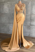 Elegant Long Sleeves Mermaid V-neck Satin Prom Dress with Slit