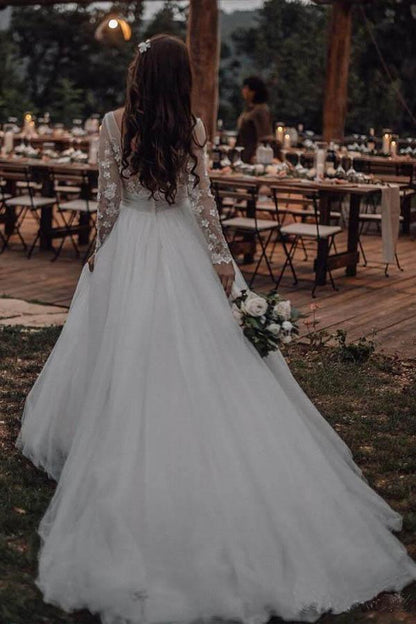 Elegante lange Ärmel Tüll Brautkleider Brautkleider mit Spitzenapplikation