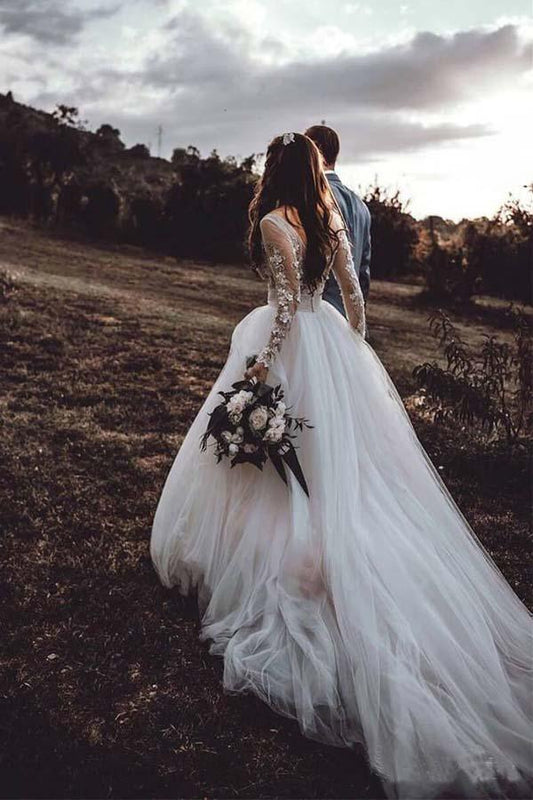 Elegante lange Ärmel Tüll Brautkleider Brautkleider mit Spitzenapplikation